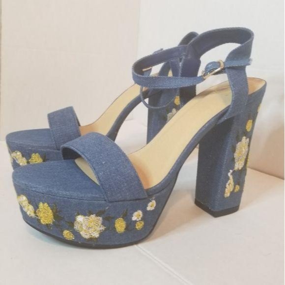 Dolls Kill Shoes - 2 FOR 40 Denim Embroidered Chunky Heel